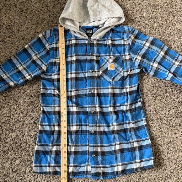 Carhartt Kids Flannel Hoodie Blue Plaid Long Sleeve Button-Up Shirt Size XL Cott - Picture 4 of 6